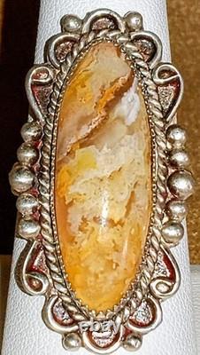 VINTAGE NAVAJO NATIVE AMERICAN STERLING SILVER FINE YELLOW LACE AGATE RING sz8.5