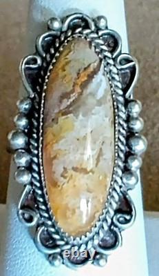 VINTAGE NAVAJO NATIVE AMERICAN STERLING SILVER FINE YELLOW LACE AGATE RING sz8.5