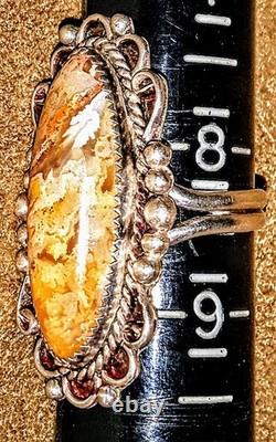 VINTAGE NAVAJO NATIVE AMERICAN STERLING SILVER FINE YELLOW LACE AGATE RING sz8.5