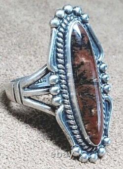 VINTAGE NAVAJO NATIVE AMERICAN STERLING SILVER & PETRIFIED WOOD AGATE RING sz8