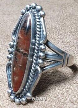VINTAGE NAVAJO NATIVE AMERICAN STERLING SILVER & PETRIFIED WOOD AGATE RING sz8