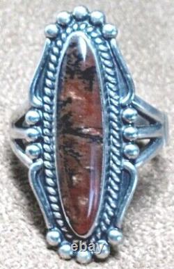VINTAGE NAVAJO NATIVE AMERICAN STERLING SILVER & PETRIFIED WOOD AGATE RING sz8