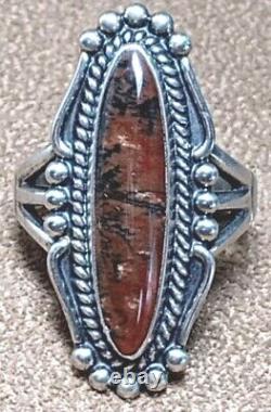 VINTAGE NAVAJO NATIVE AMERICAN STERLING SILVER & PETRIFIED WOOD AGATE RING sz8