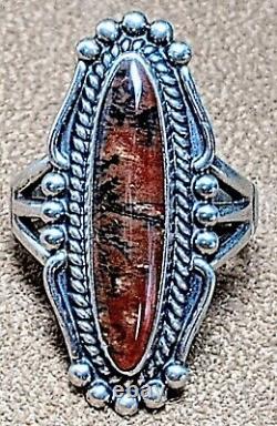 VINTAGE NAVAJO NATIVE AMERICAN STERLING SILVER & PETRIFIED WOOD AGATE RING sz8