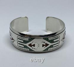 VINTAGE NAVAJO TURQUOISE CORAL CHIP INLAY 925 STERLING SILVER 42.1g BRACELET JF