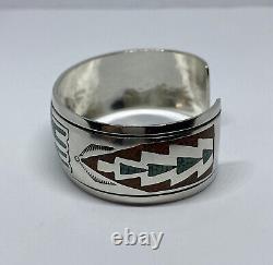 VINTAGE NAVAJO TURQUOISE CORAL CHIP INLAY 925 STERLING SILVER 42.1g BRACELET JF