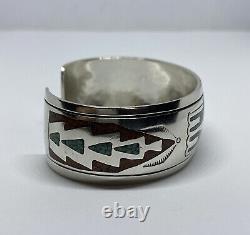 VINTAGE NAVAJO TURQUOISE CORAL CHIP INLAY 925 STERLING SILVER 42.1g BRACELET JF