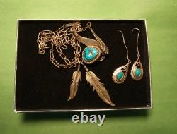 VINTAGE NAVAJO Turquoise FEATHER Sterling 925 NECKLACE Paper Clip Chain SIGNED