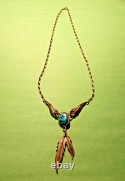VINTAGE NAVAJO Turquoise FEATHER Sterling 925 NECKLACE Paper Clip Chain SIGNED VINTAGE NAVAJO Turquoise FEATHER Sterling 925 NECKLACE Paper Clip Chain SIGNED