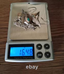 VINTAGE NAVAJO Turquoise FEATHER Sterling 925 NECKLACE Paper Clip Chain SIGNED