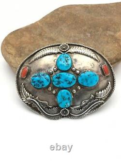 VINTAGE Navajo KINGMAN TURQUOISE CORAL STERLING SILVER BELT Buckle 2790