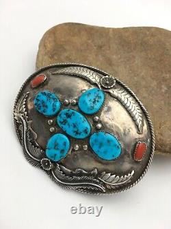 VINTAGE Navajo KINGMAN TURQUOISE CORAL STERLING SILVER BELT Buckle 2790