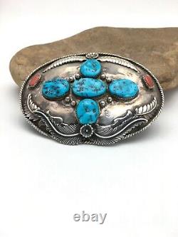 VINTAGE Navajo KINGMAN TURQUOISE CORAL STERLING SILVER BELT Buckle 2790