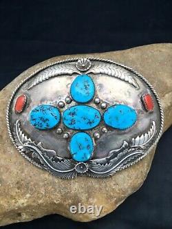 VINTAGE Navajo KINGMAN TURQUOISE CORAL STERLING SILVER BELT Buckle 2790