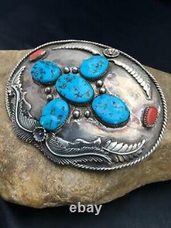 VINTAGE Navajo KINGMAN TURQUOISE CORAL STERLING SILVER BELT Buckle 2790