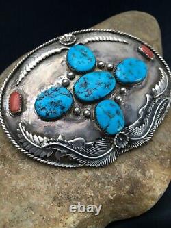 VINTAGE Navajo KINGMAN TURQUOISE CORAL STERLING SILVER BELT Buckle 2790