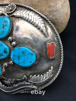 VINTAGE Navajo KINGMAN TURQUOISE CORAL STERLING SILVER BELT Buckle 2790