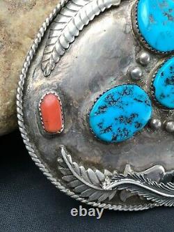 VINTAGE Navajo KINGMAN TURQUOISE CORAL STERLING SILVER BELT Buckle 2790