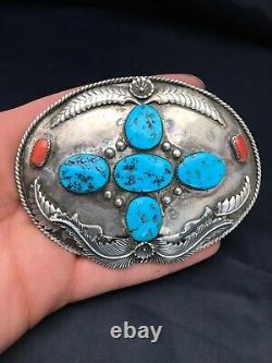 VINTAGE Navajo KINGMAN TURQUOISE CORAL STERLING SILVER BELT Buckle 2790