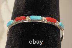 VINTAGE Navajo Sterling Silver Turquoise & Coral Cuff Bracelet Signed NASTACIO