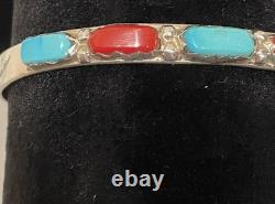 VINTAGE Navajo Sterling Silver Turquoise & Coral Cuff Bracelet Signed NASTACIO