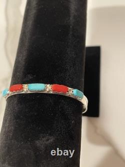 VINTAGE Navajo Sterling Silver Turquoise & Coral Cuff Bracelet Signed NASTACIO