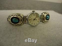 VINTAGE R. WYLIE NAVAJO STERLING & TURQUOISE WOMENS CUFF BAND WithWATCH NEW BATT