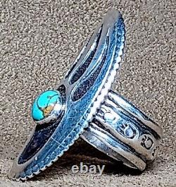 VINTAGE SIGNED HOPI / NAVAJO STERLING SILVER TURQUOISE BEAR PAW CLAW RING Sz6.5