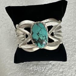 VINTAGE-STERLING SILVER/TURQUOISE-NAVAJO STYLE-SANDCAST-CUFF BRACELET- 62.30 Gr