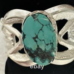VINTAGE-STERLING SILVER/TURQUOISE-NAVAJO STYLE-SANDCAST-CUFF BRACELET- 62.30 Gr