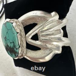 VINTAGE-STERLING SILVER/TURQUOISE-NAVAJO STYLE-SANDCAST-CUFF BRACELET- 62.30 Gr