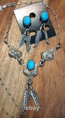 VINTAGE Sign SN TURQUOISE NAVAJO STERLING SILVER FEATHER NECKLACE & EARRINGS