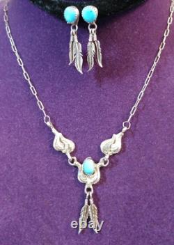 VINTAGE Sign SN TURQUOISE NAVAJO STERLING SILVER FEATHER NECKLACE & EARRINGS