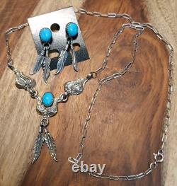 VINTAGE Sign SN TURQUOISE NAVAJO STERLING SILVER FEATHER NECKLACE & EARRINGS