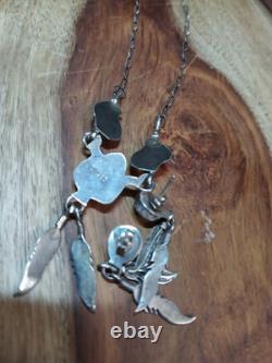 VINTAGE Sign SN TURQUOISE NAVAJO STERLING SILVER FEATHER NECKLACE & EARRINGS