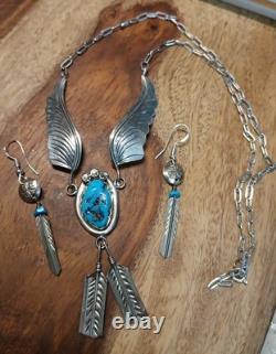 VINTAGE TURQUOISE NAVAJO STERLING SILVER FEATHER NECKLACE/EARRINGS 16.9 Gr Sgn M
