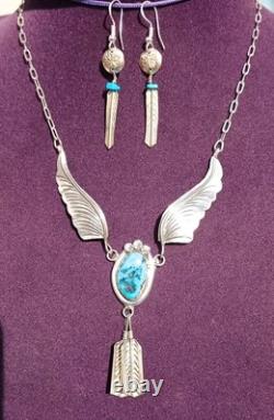 VINTAGE TURQUOISE NAVAJO STERLING SILVER FEATHER NECKLACE/EARRINGS 16.9 Gr Sgn M