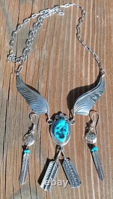 VINTAGE TURQUOISE NAVAJO STERLING SILVER FEATHER NECKLACE/EARRINGS 16.9 Gr Sgn M
