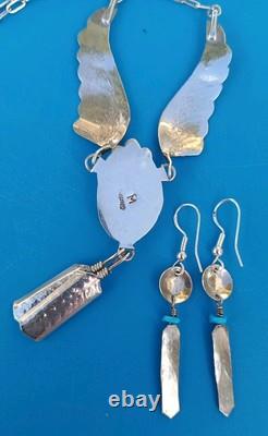 VINTAGE TURQUOISE NAVAJO STERLING SILVER FEATHER NECKLACE/EARRINGS 16.9 Gr Sgn M