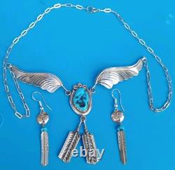 VINTAGE TURQUOISE NAVAJO STERLING SILVER FEATHER NECKLACE/EARRINGS 16.9 Gr Sgn M