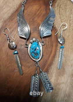 VINTAGE TURQUOISE NAVAJO STERLING SILVER FEATHER NECKLACE/EARRINGS 16.9 Gr Sgn M