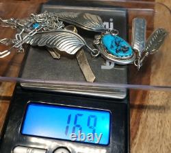 VINTAGE TURQUOISE NAVAJO STERLING SILVER FEATHER NECKLACE/EARRINGS 16.9 Gr Sgn M