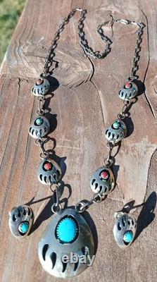 VINTAGE TURQUOISE NAVAJO STERLING SILVER FEATHER NECKLACE & EARRINGS 24.3 Grams