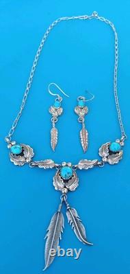 VINTAGE TURQUOISE NAVAJO STERLING SILVER FEATHER NECKLACE & EARRINGS 24.3 Grams