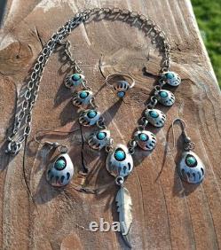 VINTAGE TURQUOISE NAVAJO STERLING SILVER FEATHER NECKLACE & EARRINGS 24.3 Grams