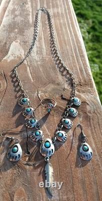 VINTAGE TURQUOISE NAVAJO STERLING SILVER FEATHER NECKLACE & EARRINGS 24.3 Grams