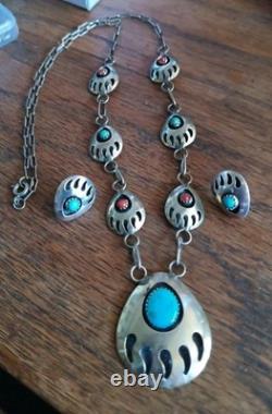 VINTAGE TURQUOISE NAVAJO STERLING SILVER FEATHER NECKLACE & EARRINGS 24.3 Grams