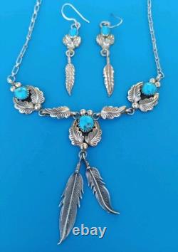 VINTAGE TURQUOISE NAVAJO STERLING SILVER FEATHER NECKLACE & EARRINGS 24.3 Grams