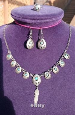 VINTAGE TURQUOISE NAVAJO STERLING SILVER FEATHER NECKLACE & EARRINGS 24.3 Grams