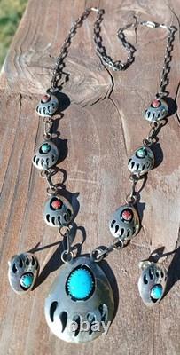 VINTAGE TURQUOISE NAVAJO STERLING SILVER FEATHER NECKLACE & EARRINGS 24.3 Grams